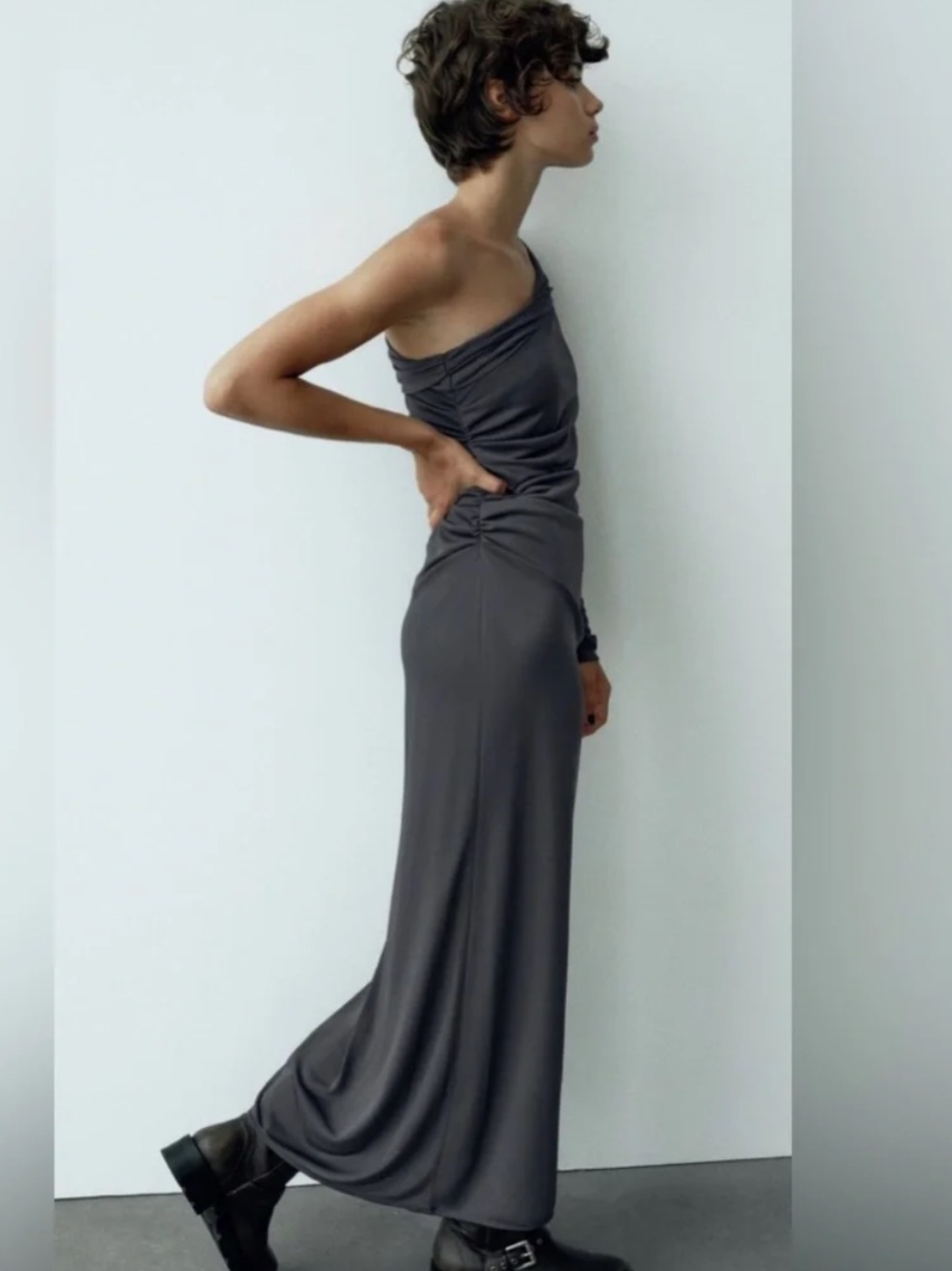 ZARA Ruched Draped One Shoulder Gray Maxi Dress Size Large - Picture 2 of 6